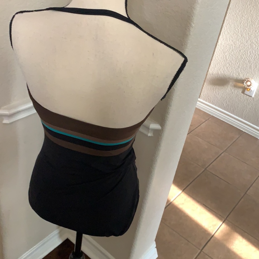 DKNY black, brown & teal striped one piece swimsuit halter Size M - Picture 8 of 17